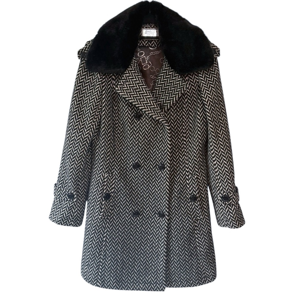 Goode Rider Wool Blend Double Breasted Faux Fur Coat Black White Size Medium